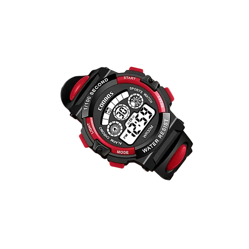 Black and red digital kids watch with rugged design and bold red accents, waterproof led sports wristwatch reloj digital
