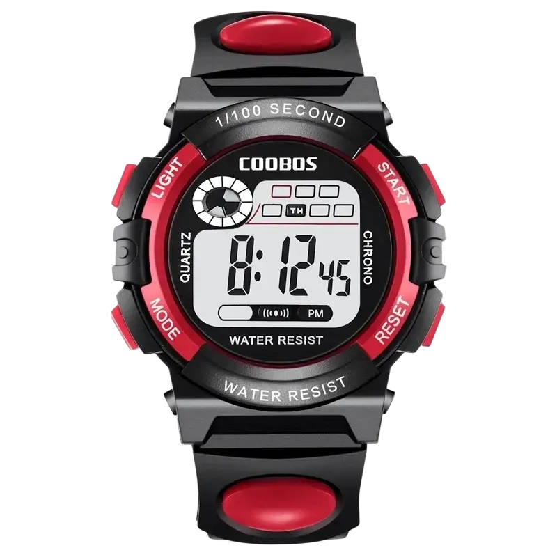 Black and red digital kids watch with rugged textured case and strap designed as a waterproof led sports wristwatch