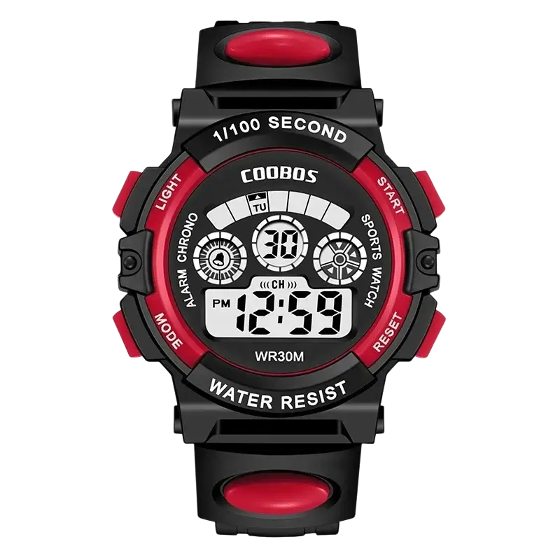 Black and red coobos digital kids watch with waterproof led display and black rubber strap for sports use