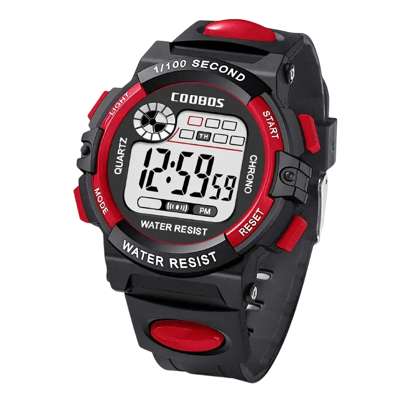 Black and red kids digital watch with quartz movement water-resistant casing and bold button accents for sports use