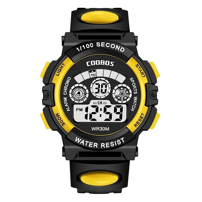Black and yellow kids watch digital watch with durable plastic case and bright yellow push buttons and strap accents