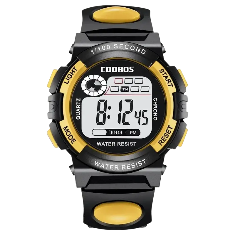 Black and yellow digital kids watch with durable plastic case and lcd display showing 24-hour time in 24-hour format