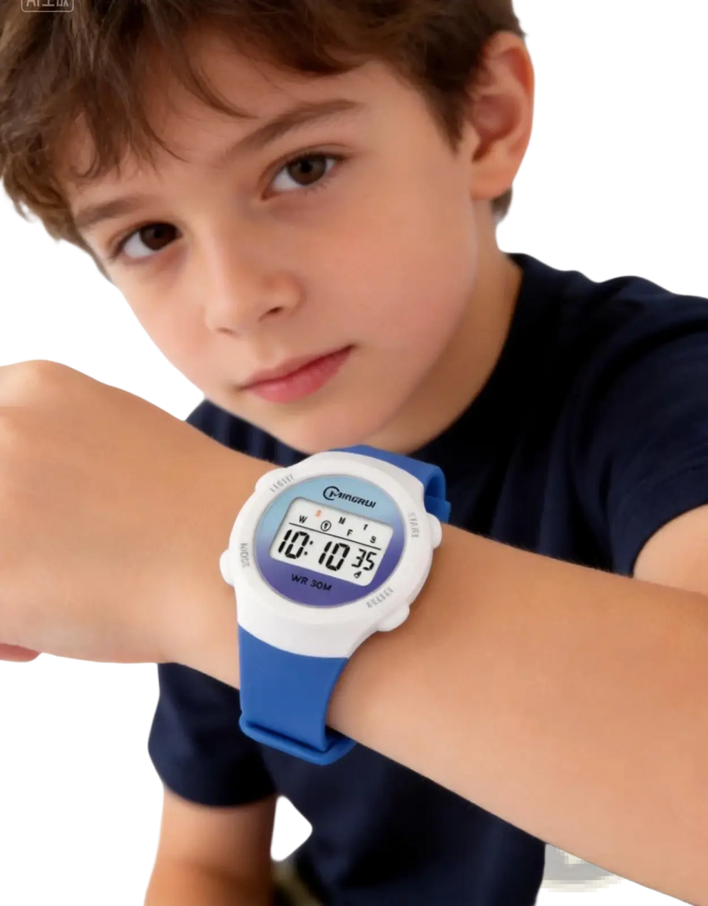 Blue and white kids waterproof digital sports watch with silicone strap designed for active use