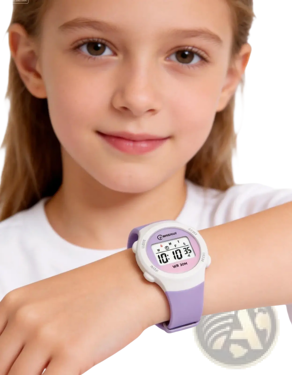 A child wearing a purple and white waterproof digital sports watch with a sporty design