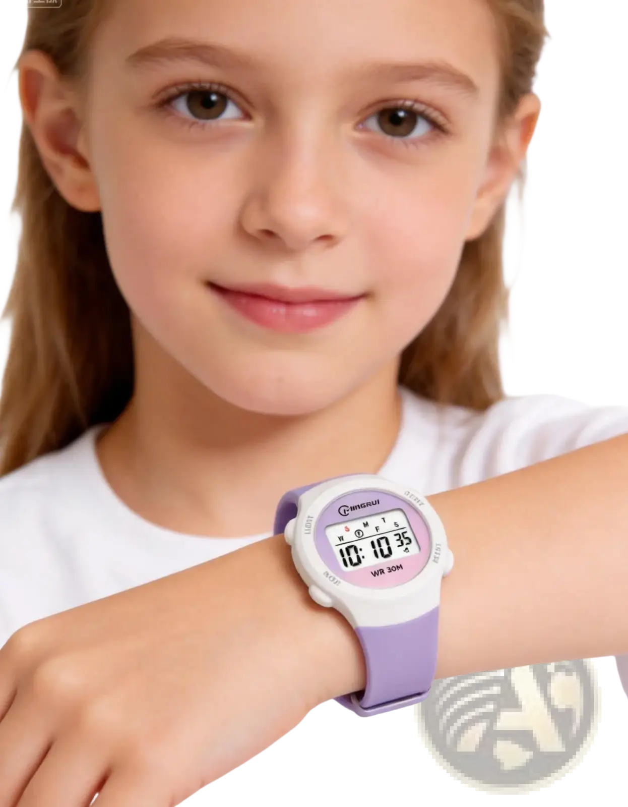 A child wearing a purple and white waterproof digital sports watch with a sporty design