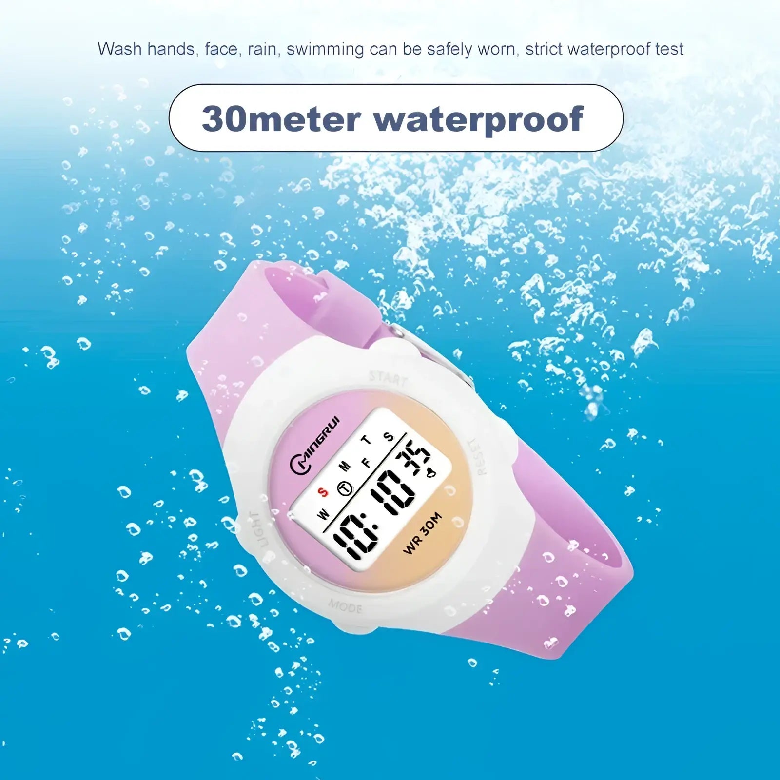 Pink and white kids waterproof digital sports watch with purple silicone strap for active use