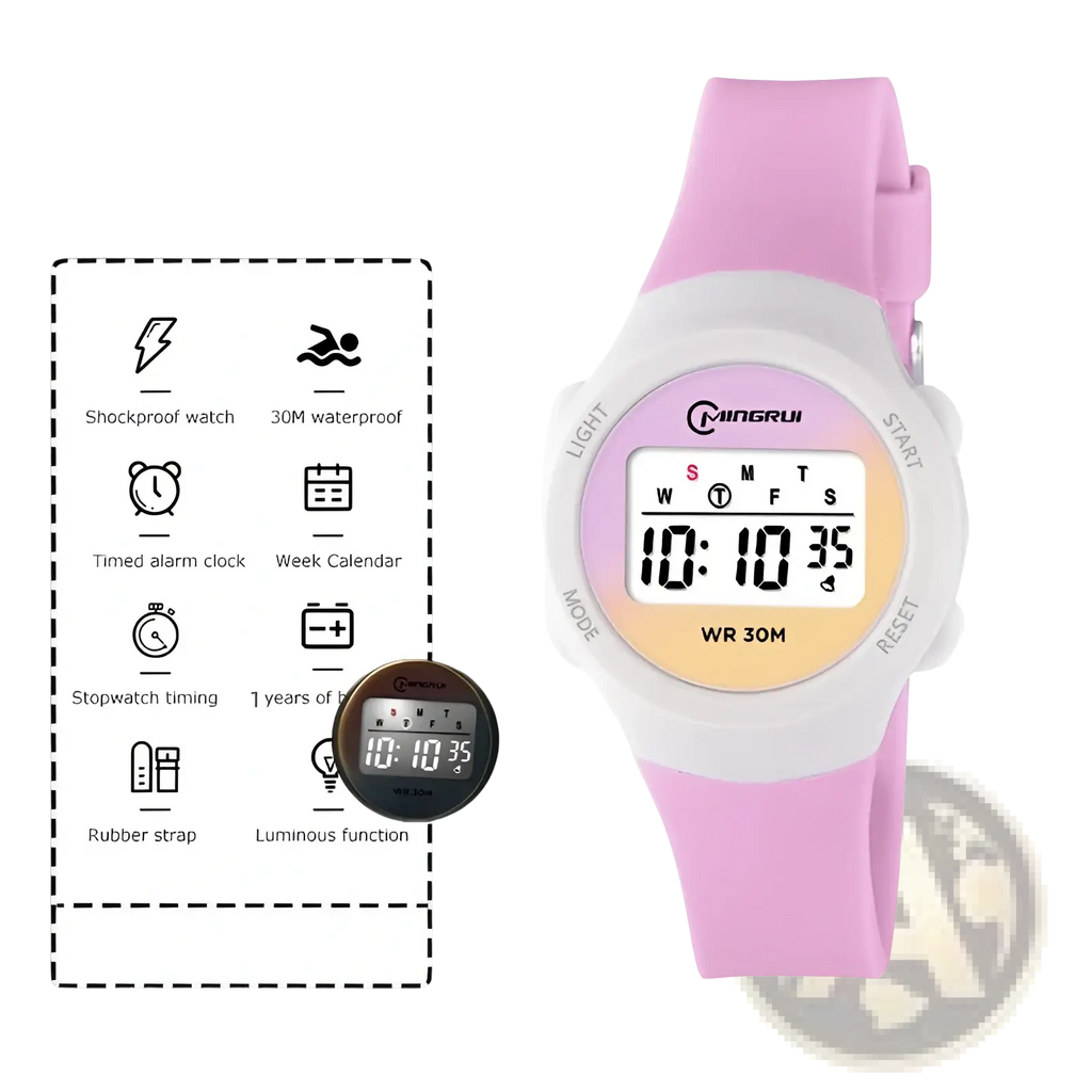 Kids waterproof digital sports watch purple with pink and white rubber strap and colorful time and day display