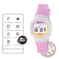 Kids waterproof digital sports watch purple with pink and white rubber strap and colorful time and day display