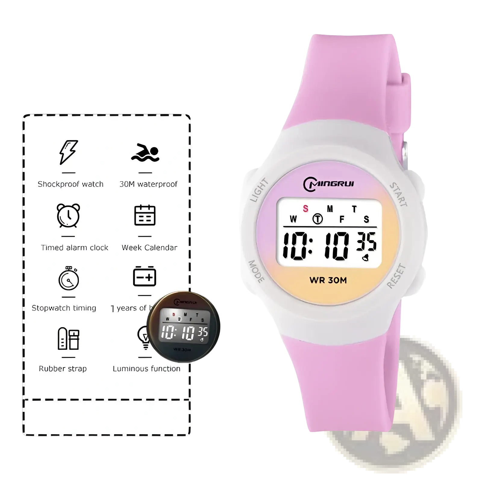Kids waterproof digital sports watch purple with pink and white rubber strap and colorful time and day display