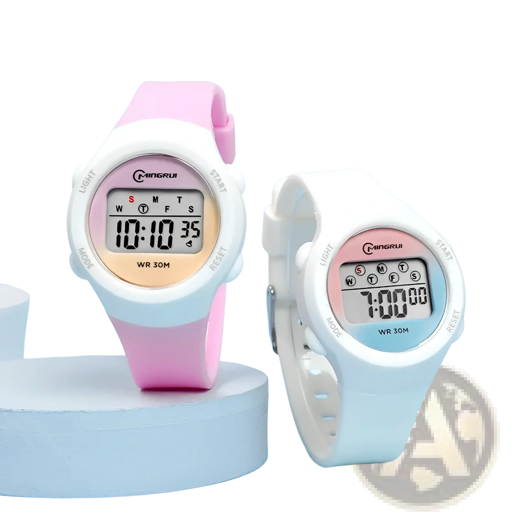 Kids waterproof digital sports watch purple with pink and white silicone strap and digital display