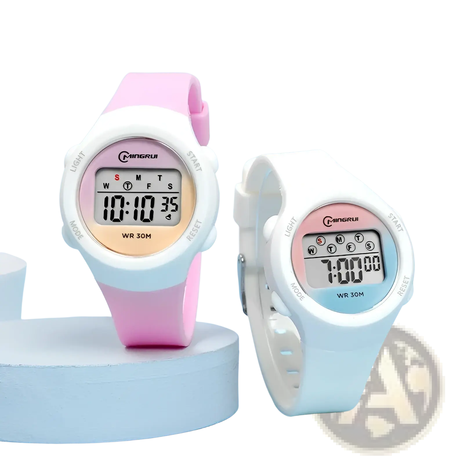 Kids waterproof digital sports watch purple with pink and white silicone strap and digital display