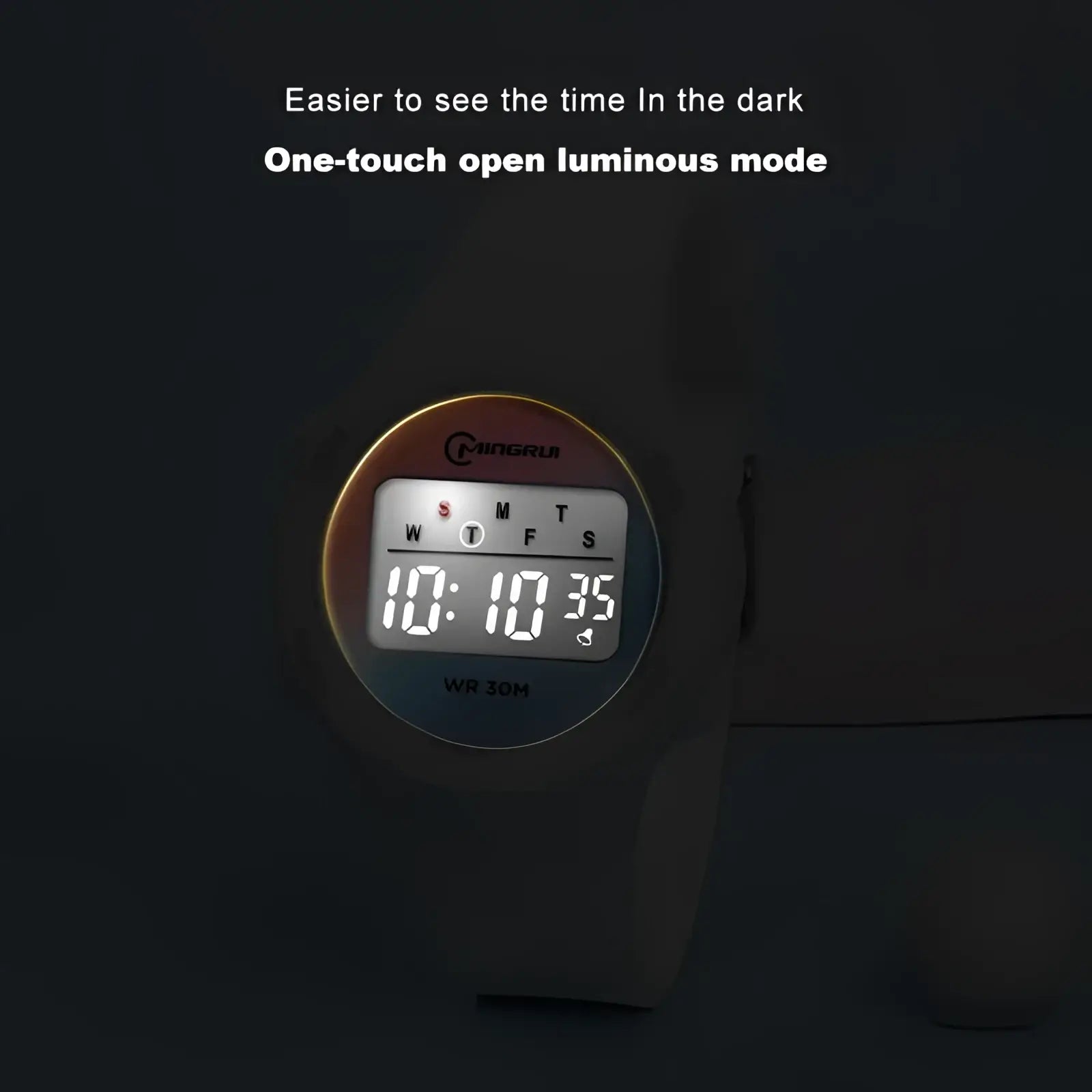 A sleek purple kids waterproof digital sports watch with a luminous display and gold-accented bezel