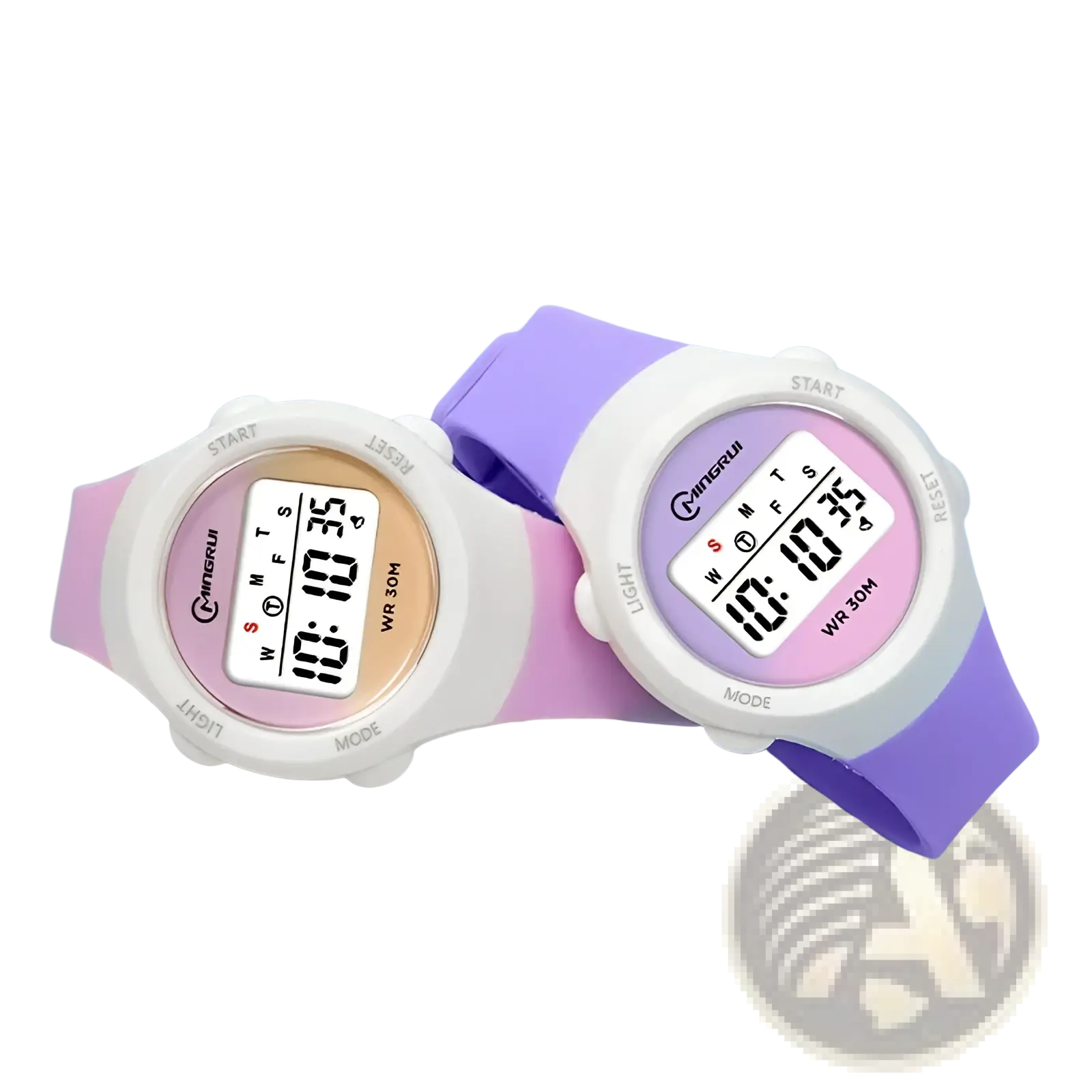 Two kids waterproof digital sports watches with white silicone casings pink gold and purple pink faces