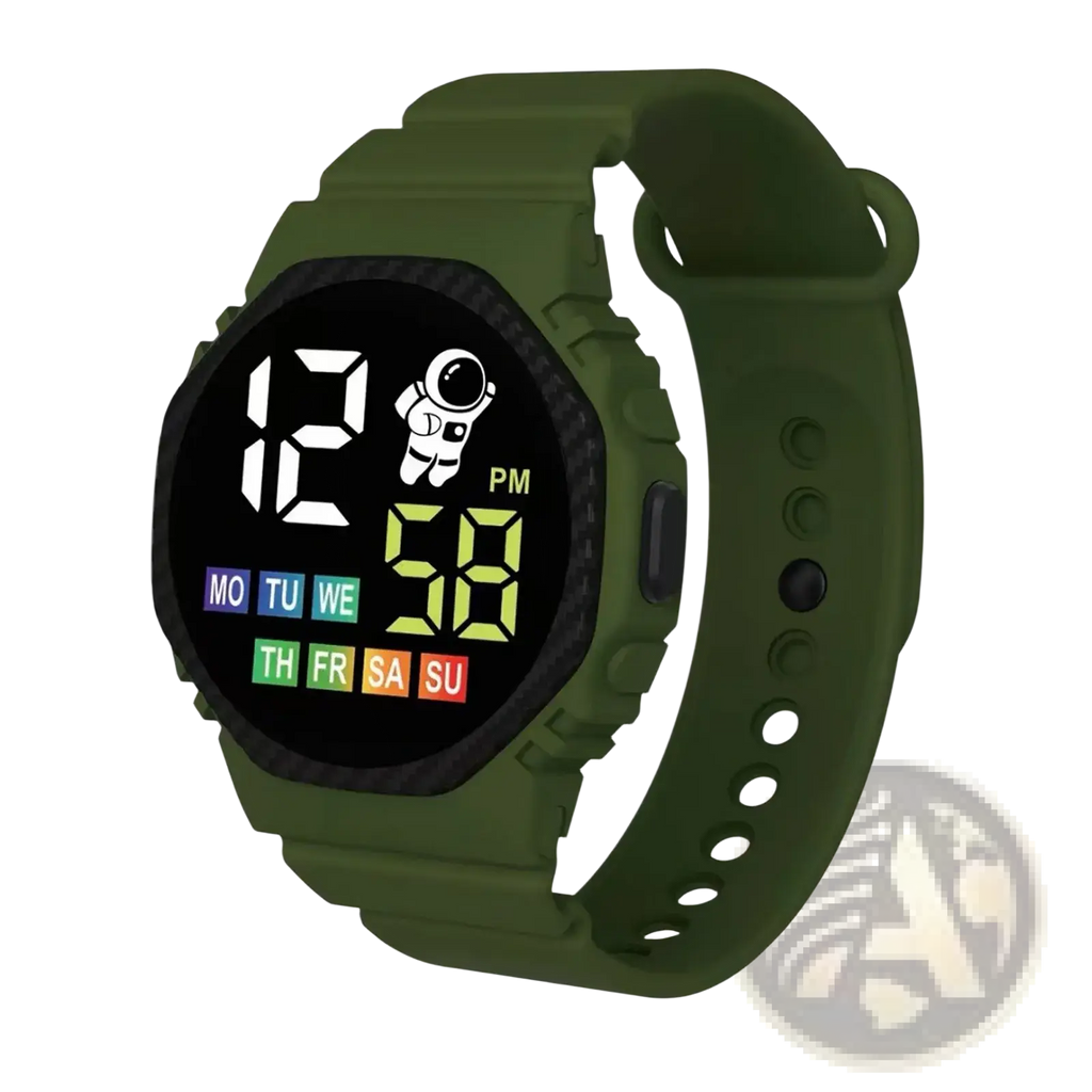 Olive green kids waterproof led digital sports watch with black bezel astronaut graphic and colorful day indicators