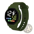 Olive green kids waterproof led digital sports watch with black bezel astronaut graphic and colorful day indicators
