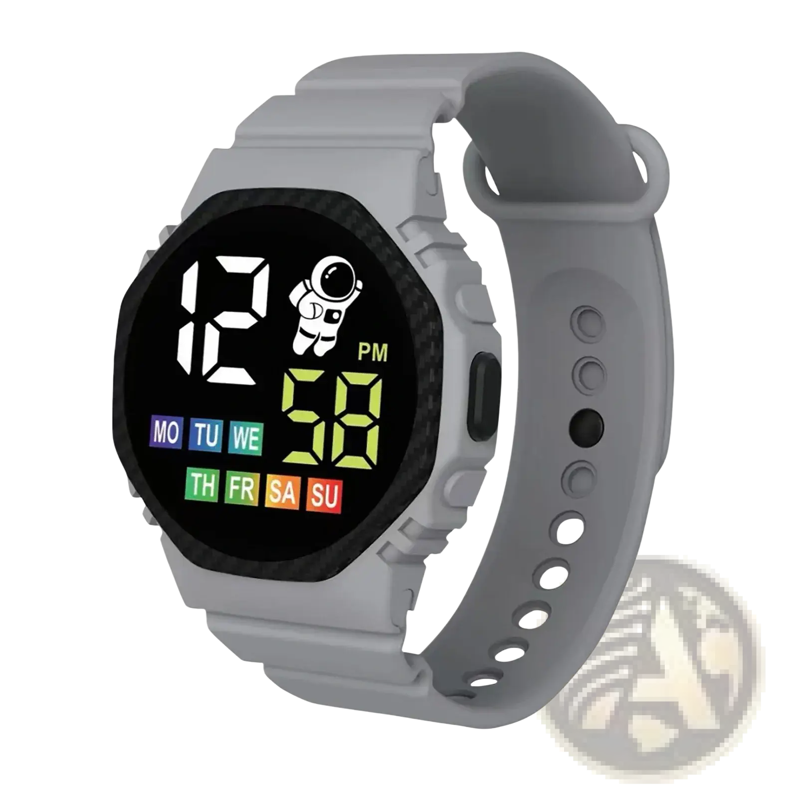 Gray kids waterproof led digital astronaut watch with black face displaying time days and astronaut graphic on screen
