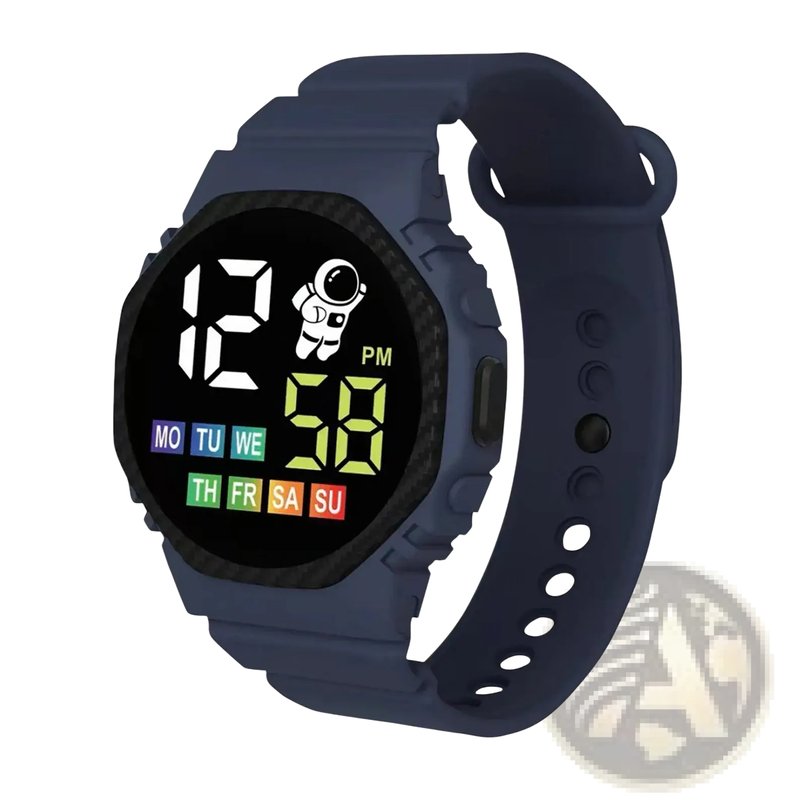 Navy blue silicone kids waterproof LED digital sport watch with astronaut graphic showing time and day on display