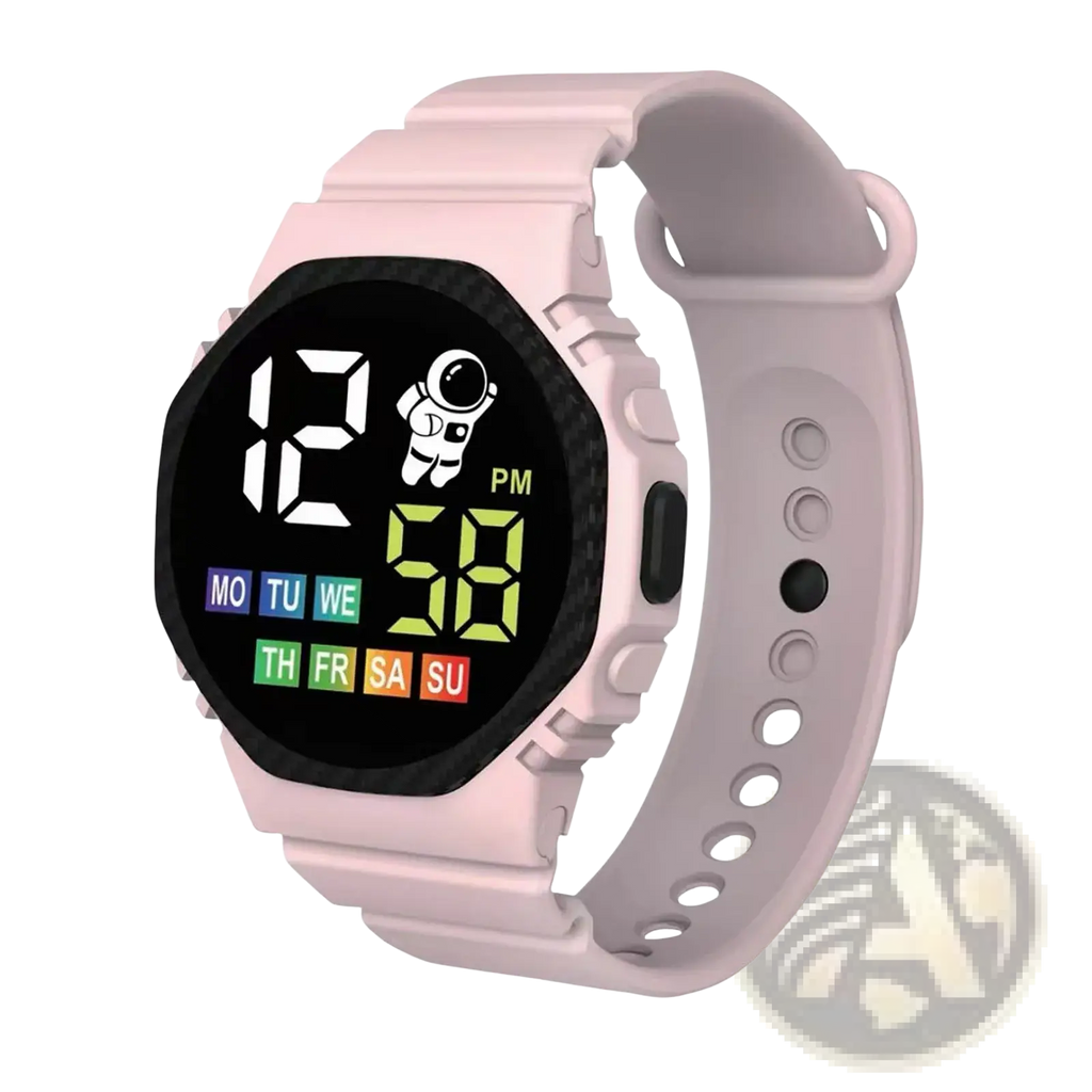Pink kids waterproof led digital astronaut watch with black face displaying time day in colorful led digits and astronaut graphic