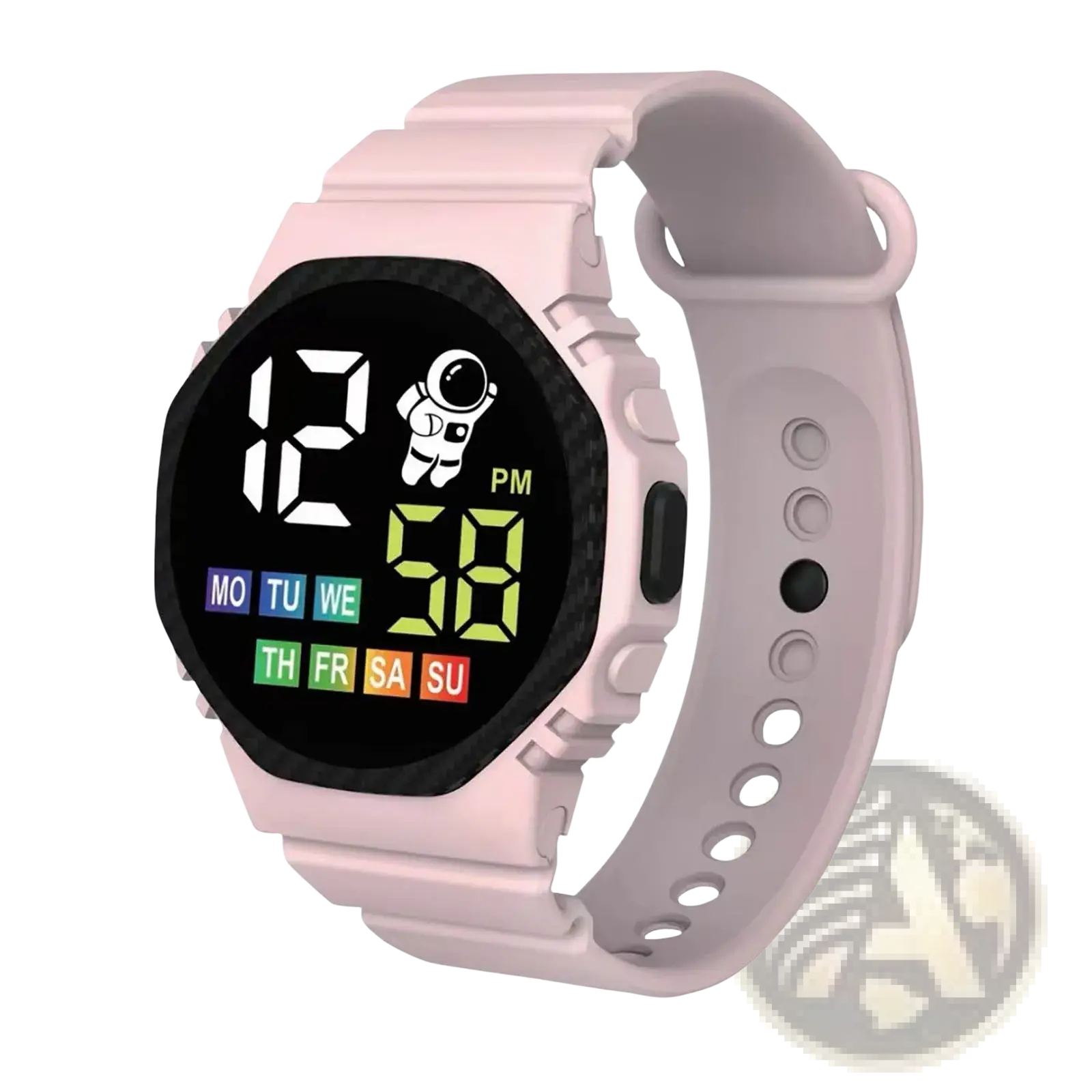 Pink kids waterproof led digital astronaut watch with black face displaying time day in colorful led digits and astronaut graphic