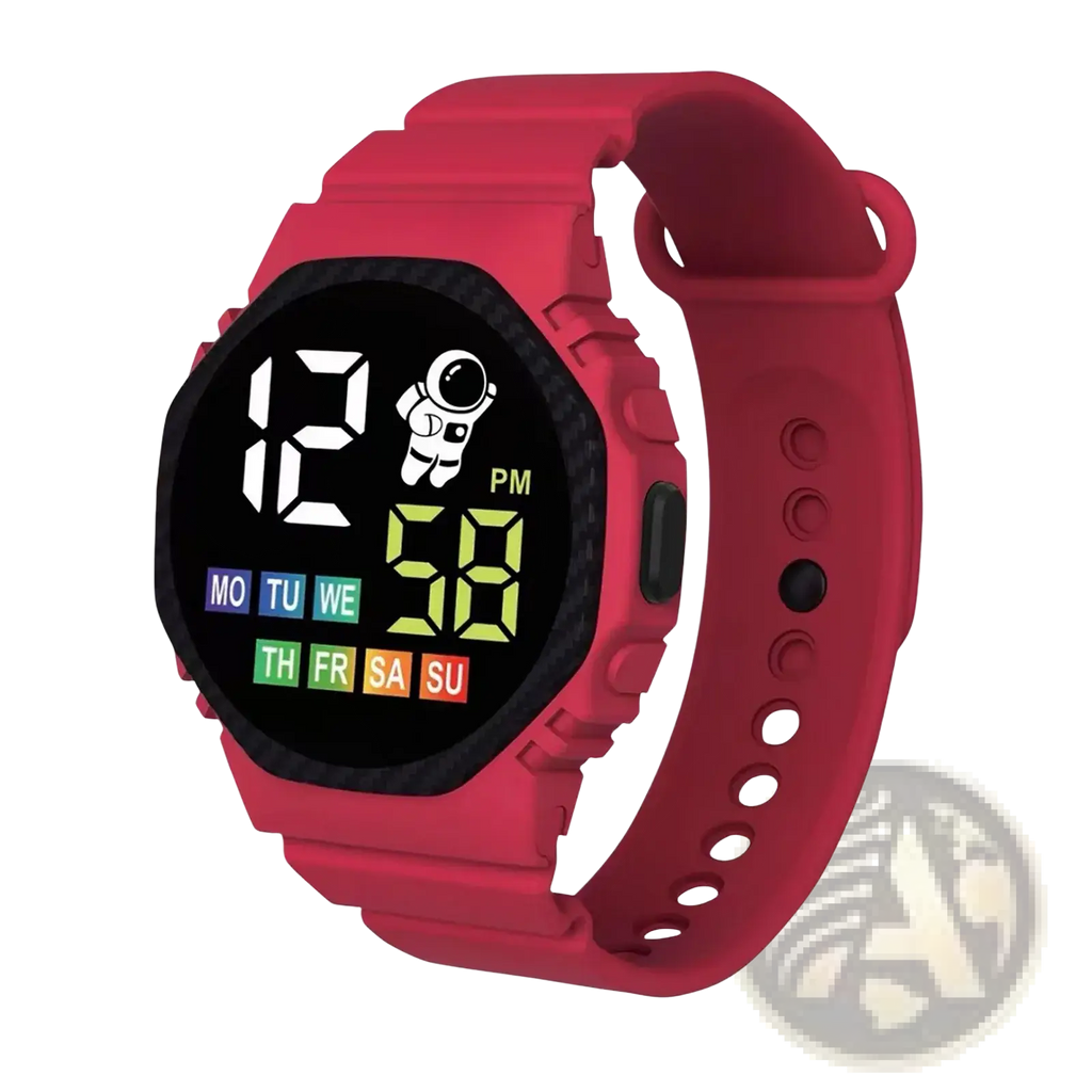 Kids waterproof LED digital astronaut watch with red silicone strap and black face showing time and day in green numerals