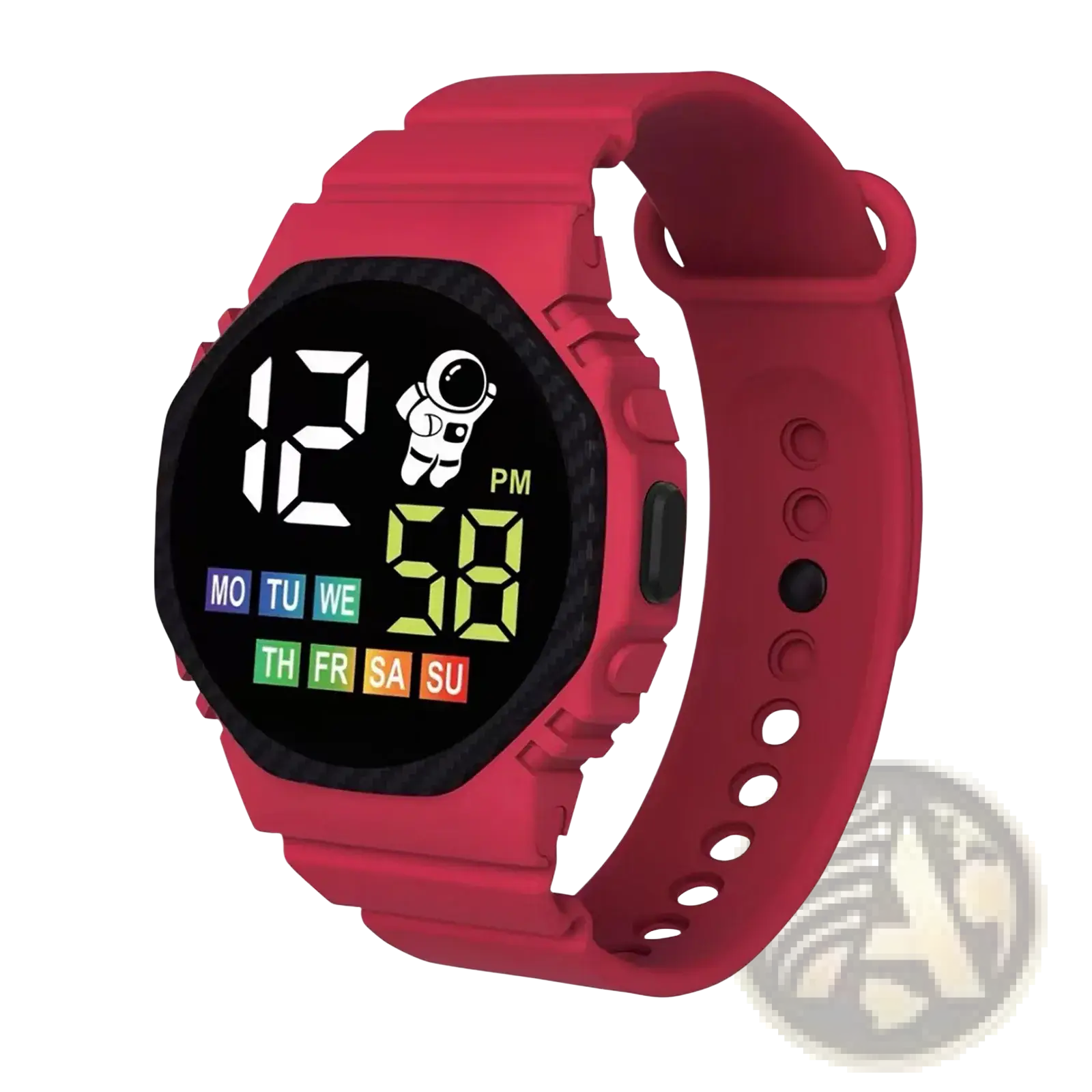 Kids waterproof LED digital astronaut watch with red silicone strap and black face showing time and day in green numerals