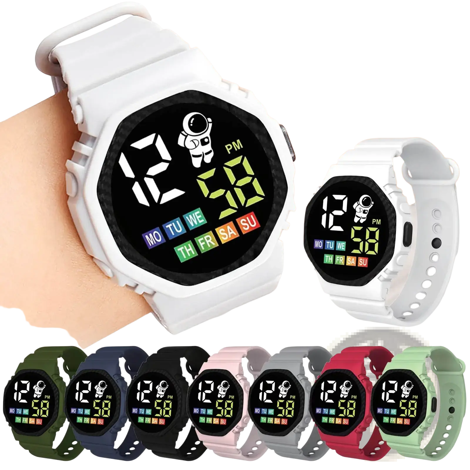 White kids waterproof led digital astronaut watch with black face, colorful led display showing time and days of the week