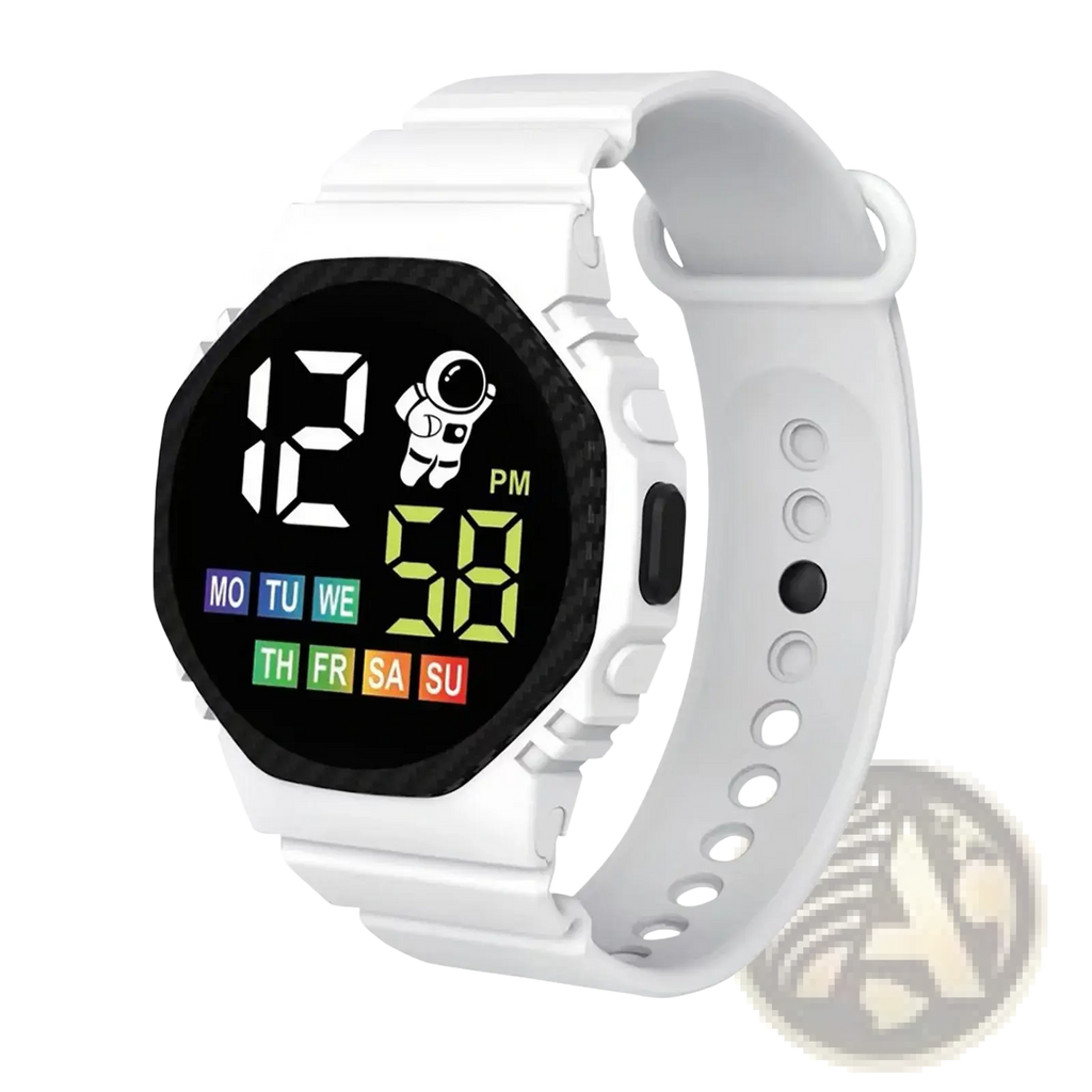Kids waterproof led digital astronaut watch with white band octagonal black face and bright green time display