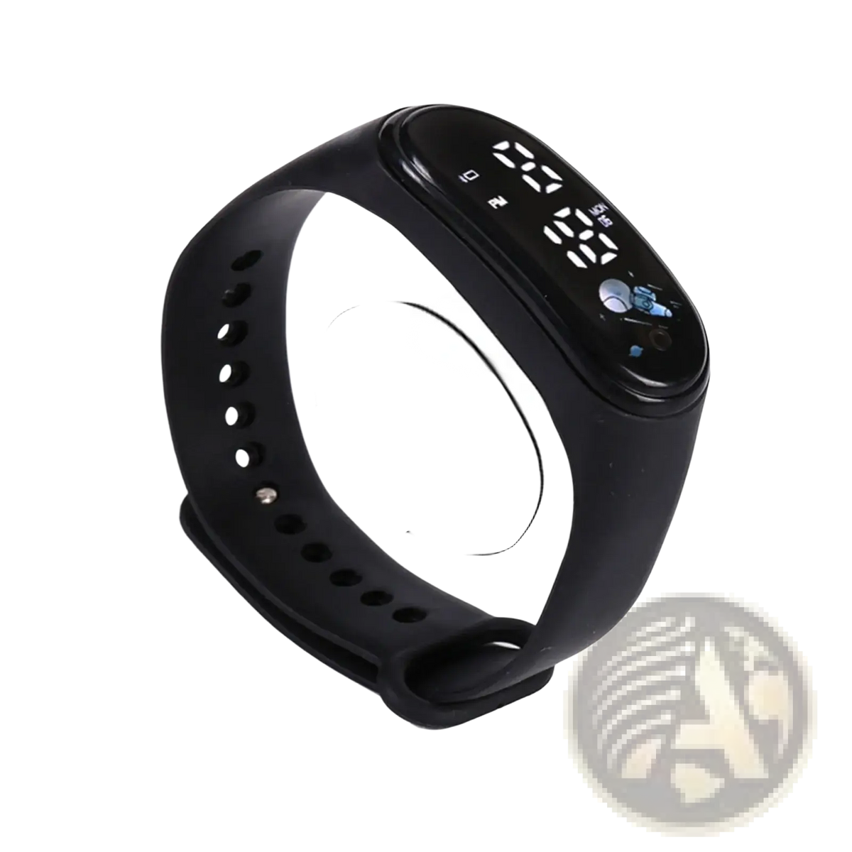 Black silicone kids waterproof LED digital sports watch with fitness tracker display showing time and steps