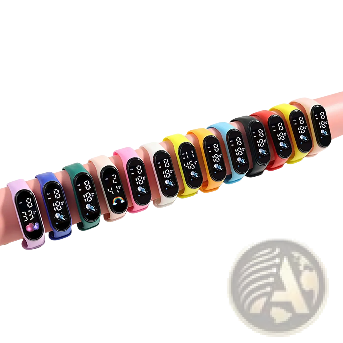 Kids waterproof led digital silicone sports watch with colorful bands and black screens showing time and weather icons