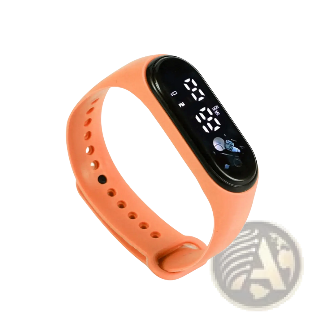 Kids waterproof led digital silicone sports watch with orange band and black digital display showing time and date