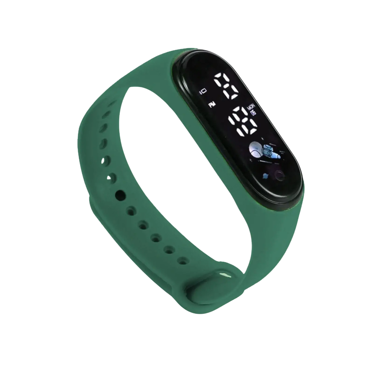 Green silicone kids waterproof led digital sports watch with black digital display showing time and date