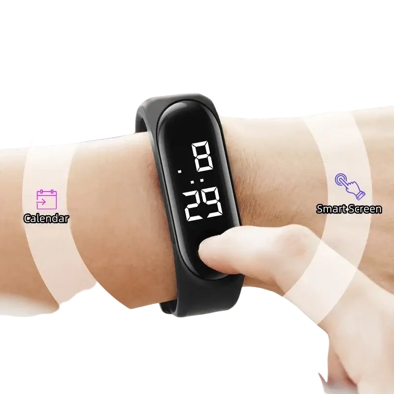 Black kids waterproof led digital sports watch with sleek curved band and bright white led time display