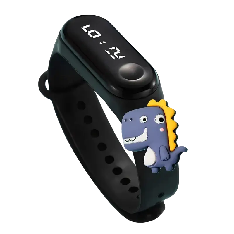 Black kids waterproof led digital sports watch with a purple and yellow dinosaur charm on the strap