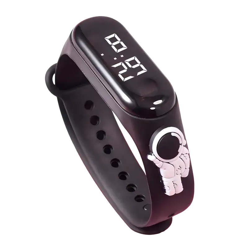 Black waterproof kids digital sports watch with led display and white astronaut charm on the side