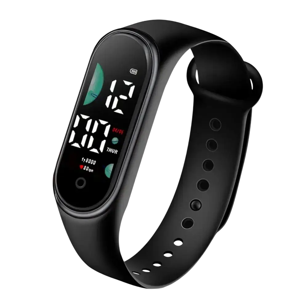 Black silicone kids waterproof led digital sports watch with rectangular display showing time date and health metrics