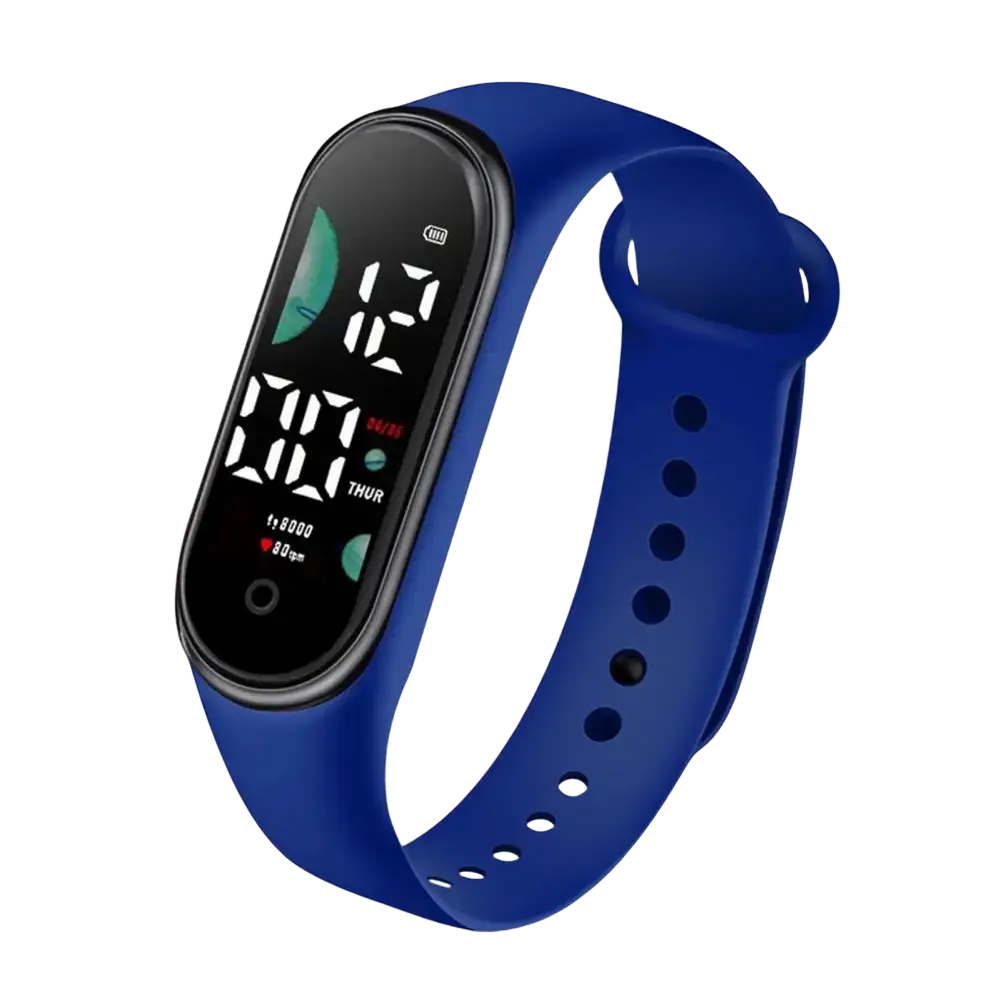 Kids waterproof LED digital sports watch with blue silicone band and black digital display showing health metrics