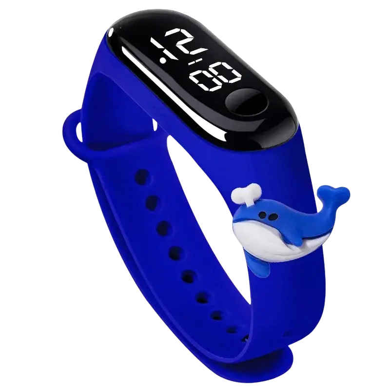 Blue silicone kids waterproof led digital sports watch with black display and blue and white cartoon whale charm