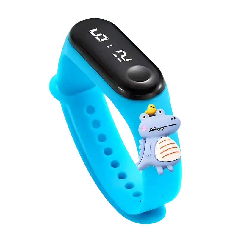 Kids waterproof led digital sports watch with bright blue silicone wristband and light purple dinosaur charm showing 10:24