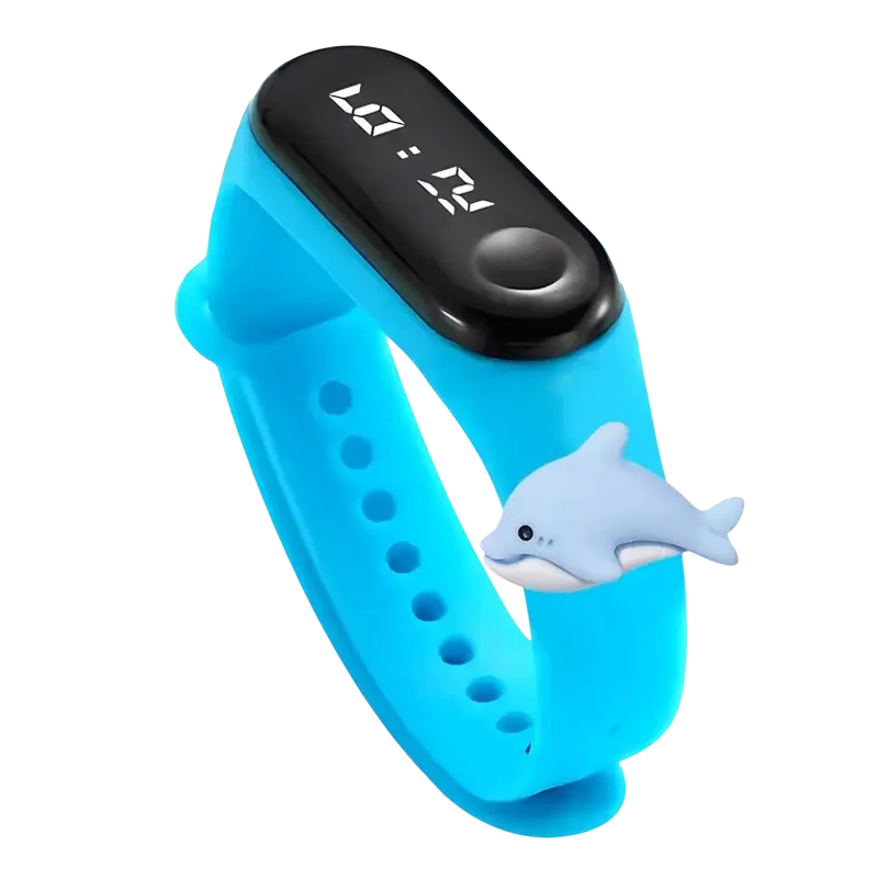 Kids waterproof led digital sports watch with bright blue silicone wristband and dolphin charm showing time 10 24