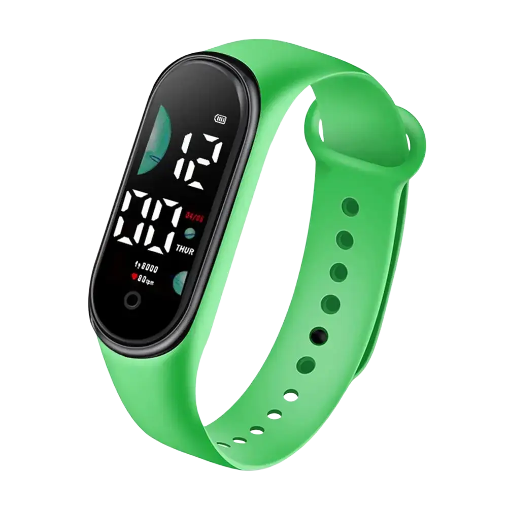 Bright green silicone kids waterproof led digital sports watch with black digital display showing time and date