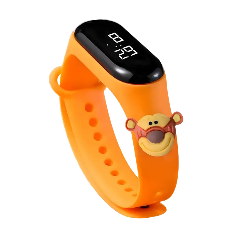 Bright orange silicone kids waterproof led digital sports watch with black display showing 8 27 and tigger charm