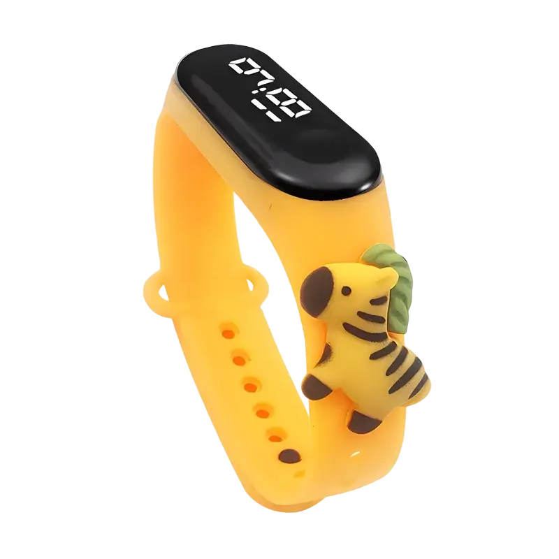 Bright yellow silicone kids waterproof led digital sports watch with a digital display and tiger figurine charm
