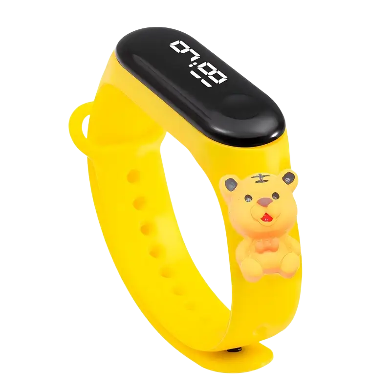 Bright yellow silicone kids waterproof led digital sports watch with black display and light orange tiger charm