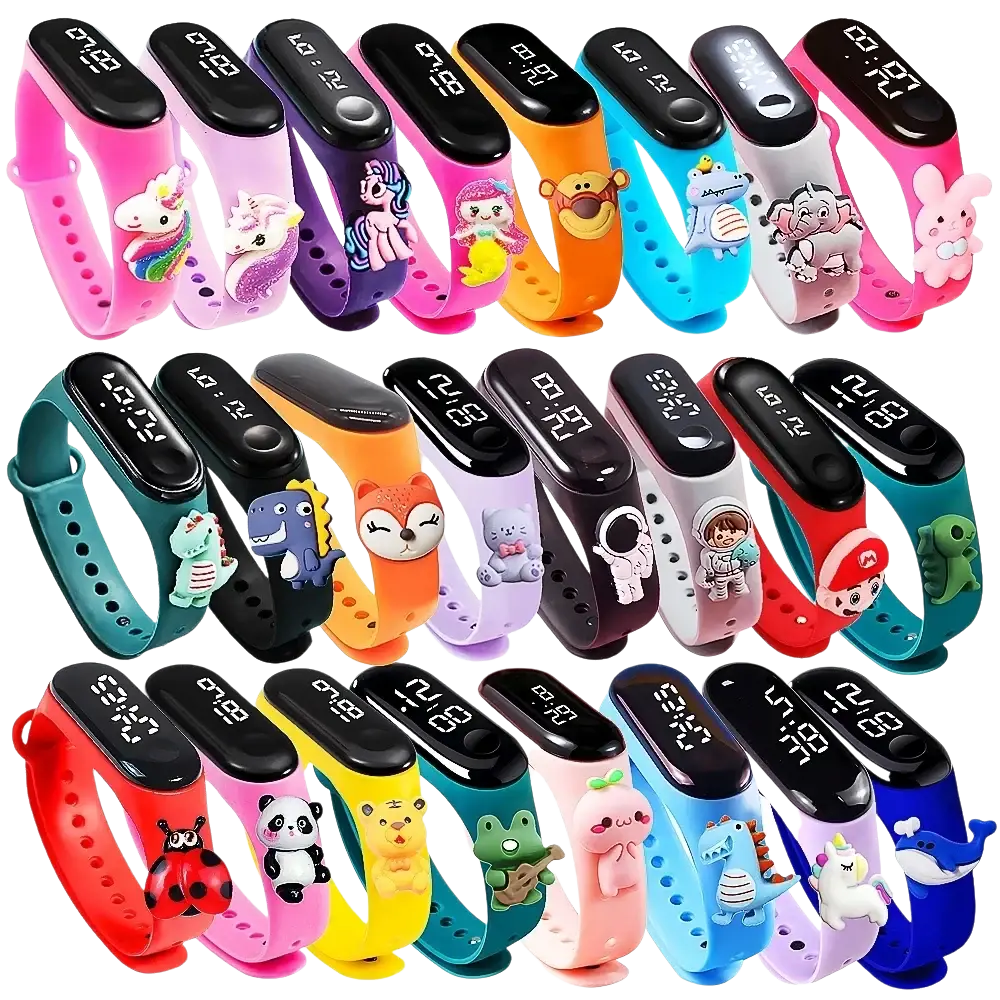 A collection of colorful silicone kids waterproof LED digital sports watches with cute character charms and displays