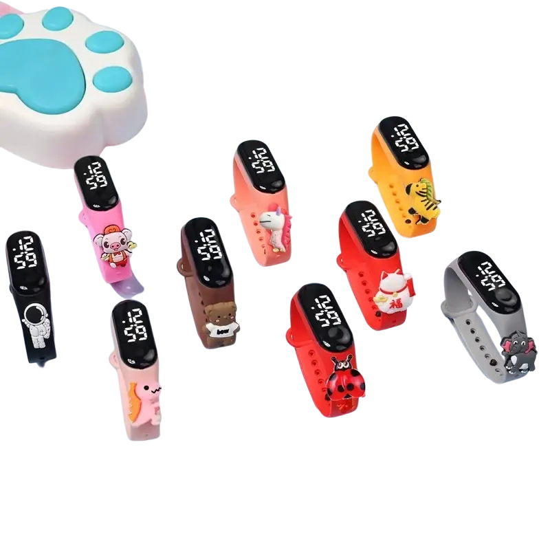 Colorful kids waterproof LED digital sports watches with cute animal themed straps in pink orange red black brown and gray