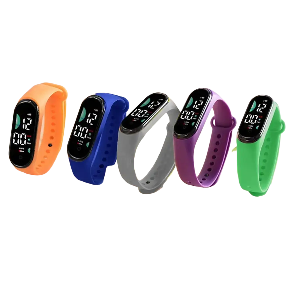 Kids waterproof led digital sports watches with colorful silicone bands in orange blue gray purple and green