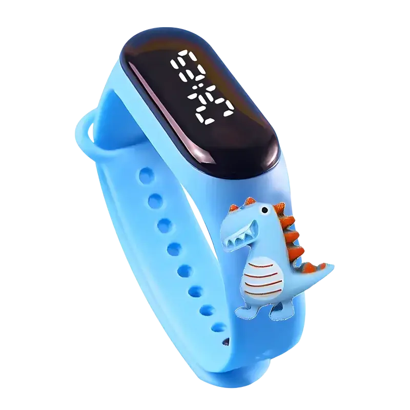 Light blue silicone kids waterproof led digital sports watch with digital display and cartoon dinosaur charm