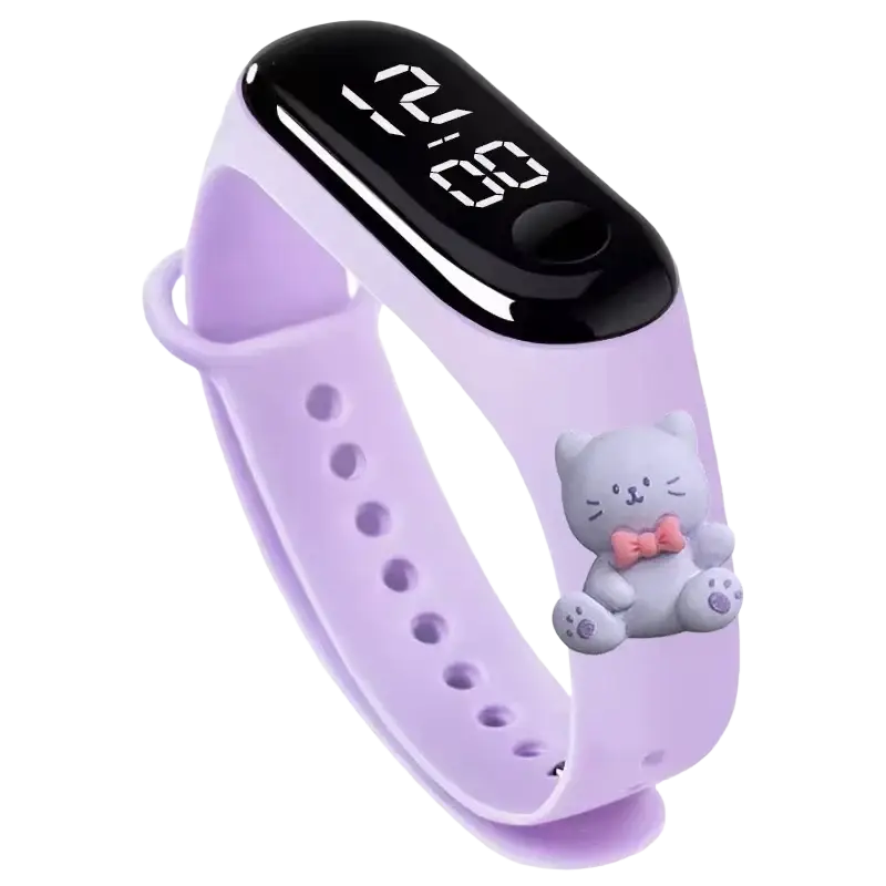 Kids waterproof led digital sports watch with lilac silicone band black display and gray cat charm with pink bow