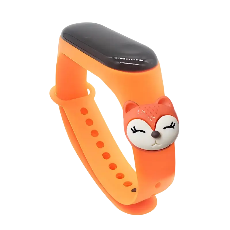 Orange silicone kids waterproof led digital sports watch with black screen and attached fox-shaped charm