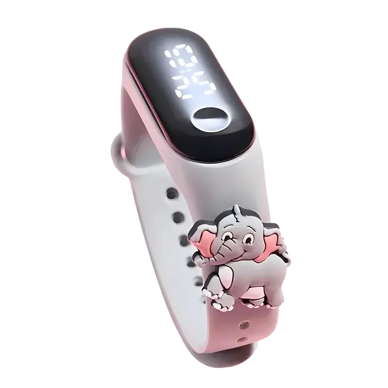 Kids waterproof led digital sports watch in pink and gray with a cute elephant charm on the strap